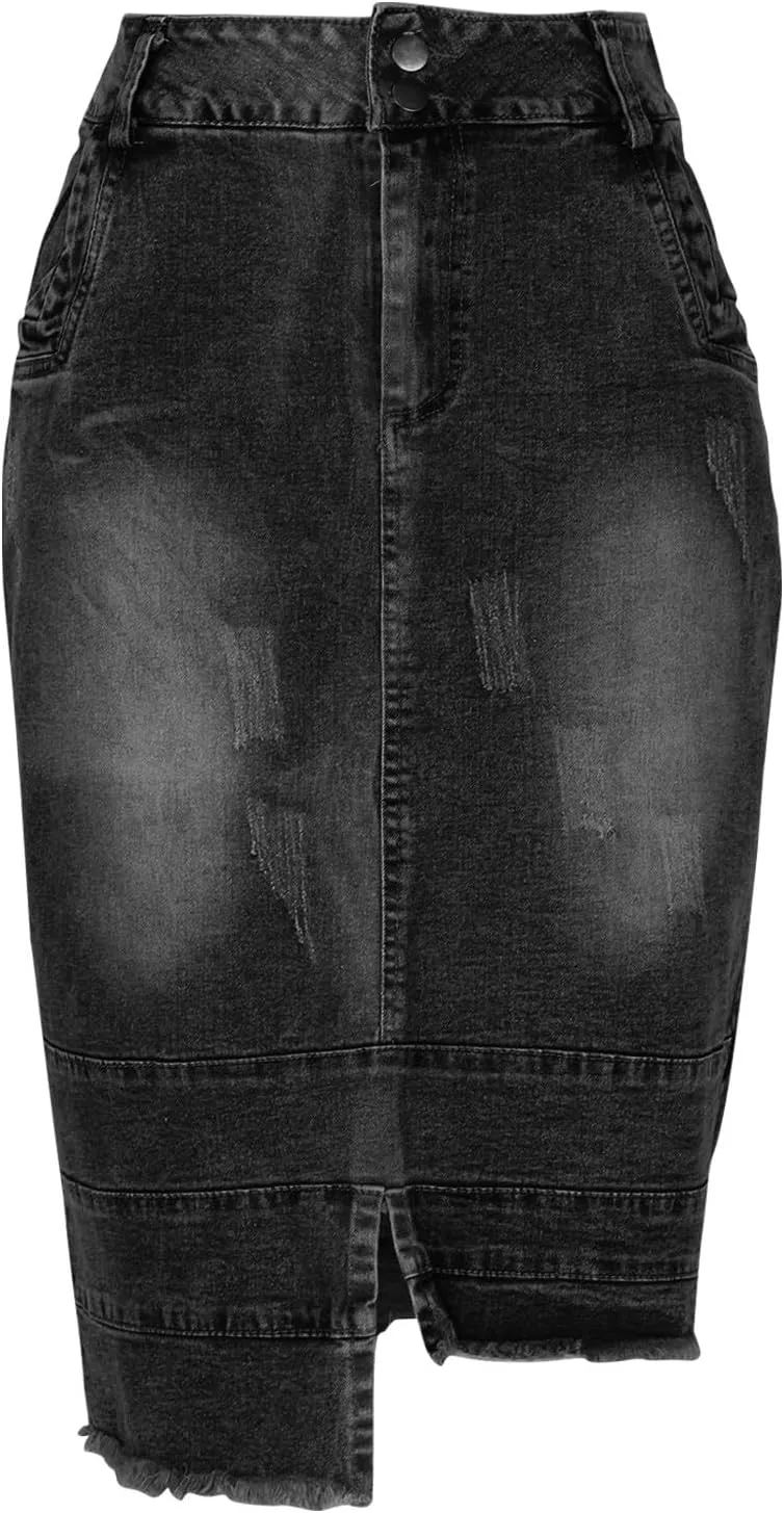 Midi Denim Skirts for Women Irregular Hem Denim Skirts High Waist Wrap Skirt Washed Jean Midi Skirts Half Dress