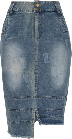 Midi Denim Skirts for Women Irregular Hem Denim Skirts High Waist Wrap Skirt Washed Jean Midi Skirts Half Dress