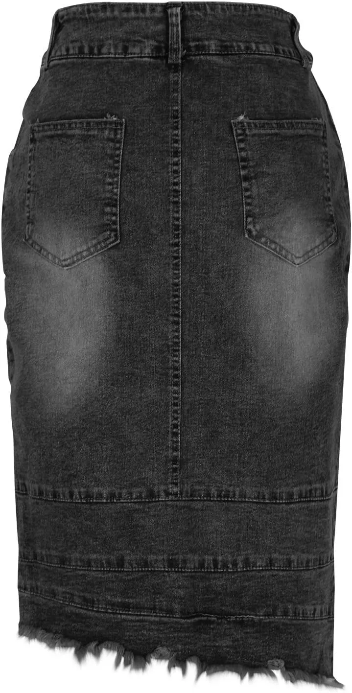 Midi Denim Skirts for Women Irregular Hem Denim Skirts High Waist Wrap Skirt Washed Jean Midi Skirts Half Dress