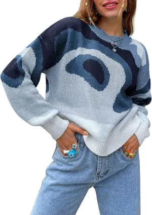 MISSACTIVER Women Casual Knitted Mock Neck Sweater Print Colorblock Long Sleeve Loose Fit Pullover Knitwear