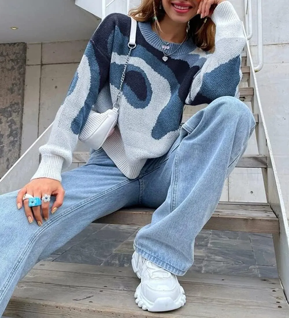 MISSACTIVER Women Casual Knitted Mock Neck Sweater Print Colorblock Long Sleeve Loose Fit Pullover Knitwear