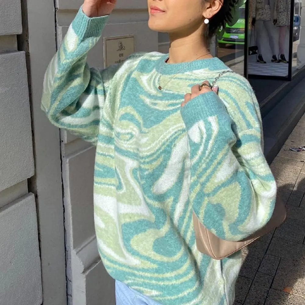 MISSACTIVER Women Casual Knitted Mock Neck Sweater Print Colorblock Long Sleeve Loose Fit Pullover Knitwear