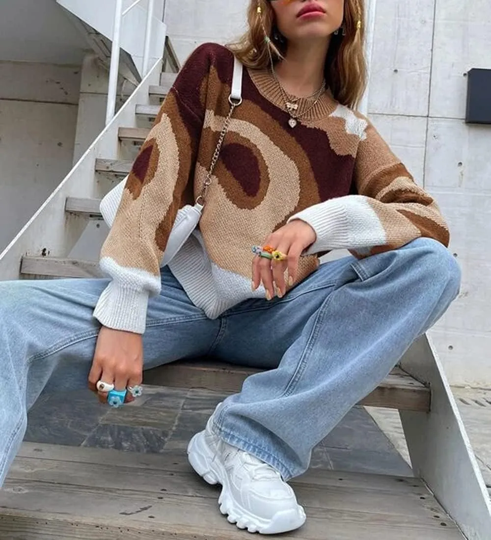 MISSACTIVER Women Casual Knitted Mock Neck Sweater Print Colorblock Long Sleeve Loose Fit Pullover Knitwear