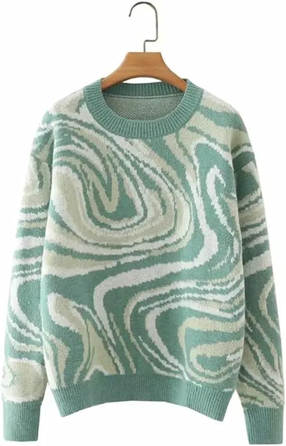 MISSACTIVER Women Casual Knitted Mock Neck Sweater Print Colorblock Long Sleeve Loose Fit Pullover Knitwear