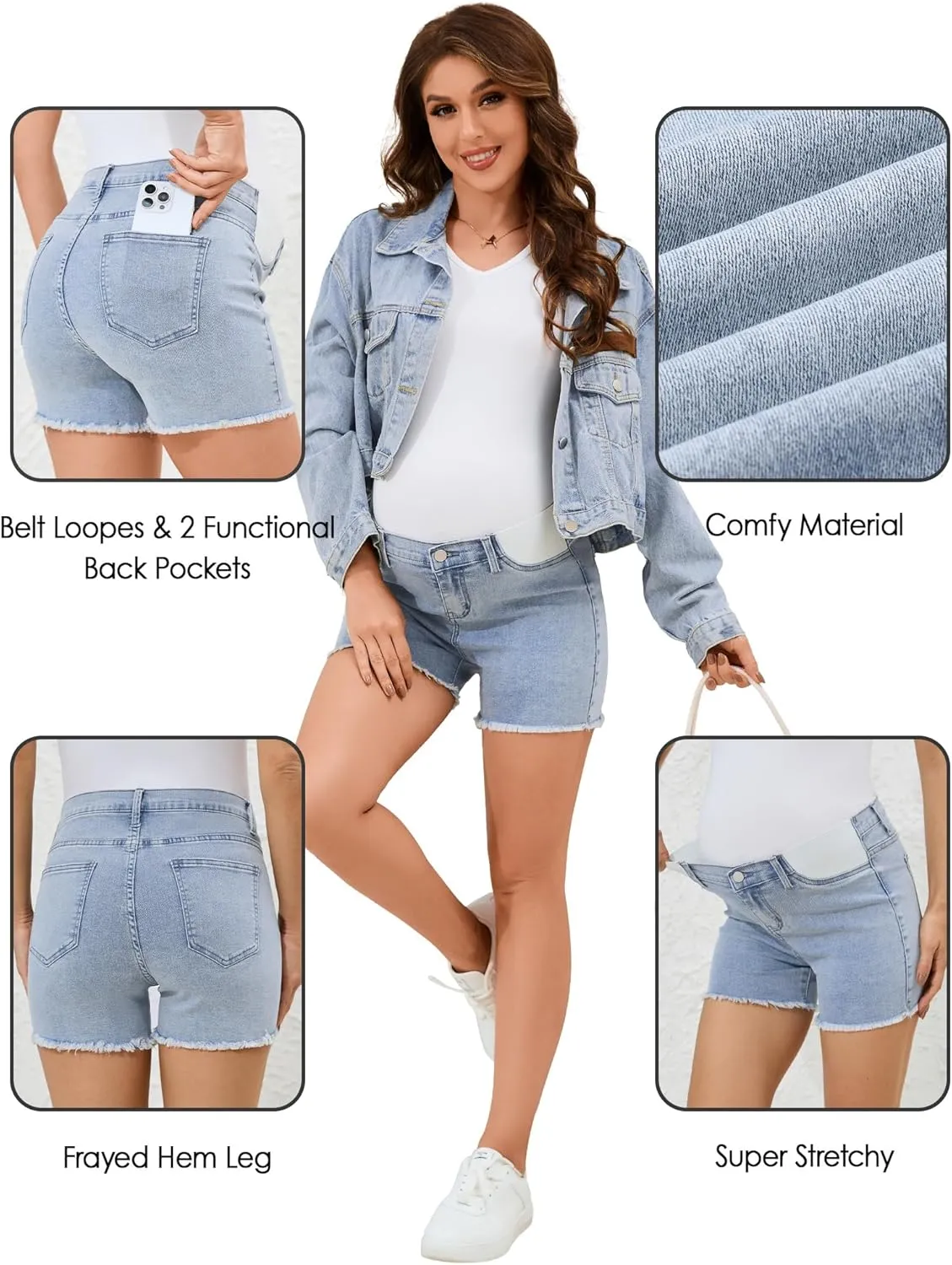 PACBREEZE Women's Maternity Mid-Rise Stretch Denim Shorts Trendy Soft Frayed Hem Pregnancy Shorts, S-XXL