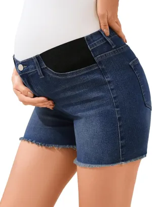 PACBREEZE Women's Maternity Mid-Rise Stretch Denim Shorts Trendy Soft Frayed Hem Pregnancy Shorts, S-XXL