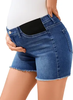 PACBREEZE Women's Maternity Mid-Rise Stretch Denim Shorts Trendy Soft Frayed Hem Pregnancy Shorts, S-XXL