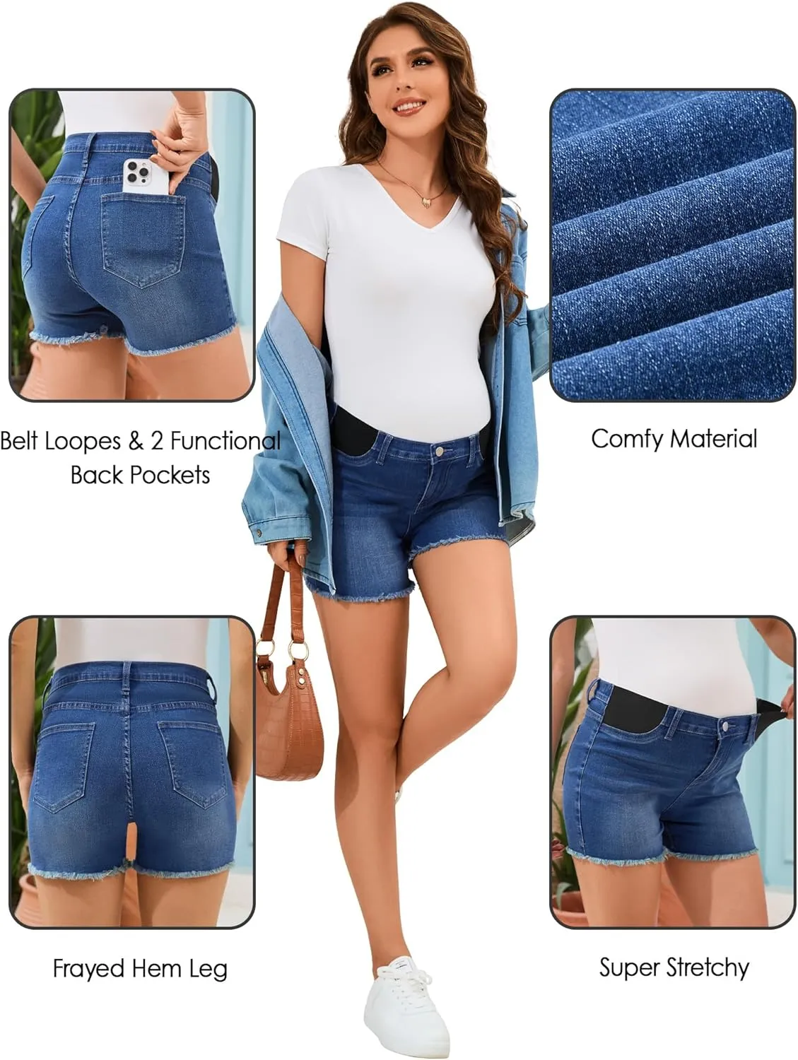 PACBREEZE Women's Maternity Mid-Rise Stretch Denim Shorts Trendy Soft Frayed Hem Pregnancy Shorts, S-XXL