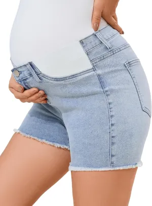 PACBREEZE Women's Maternity Mid-Rise Stretch Denim Shorts Trendy Soft Frayed Hem Pregnancy Shorts, S-XXL