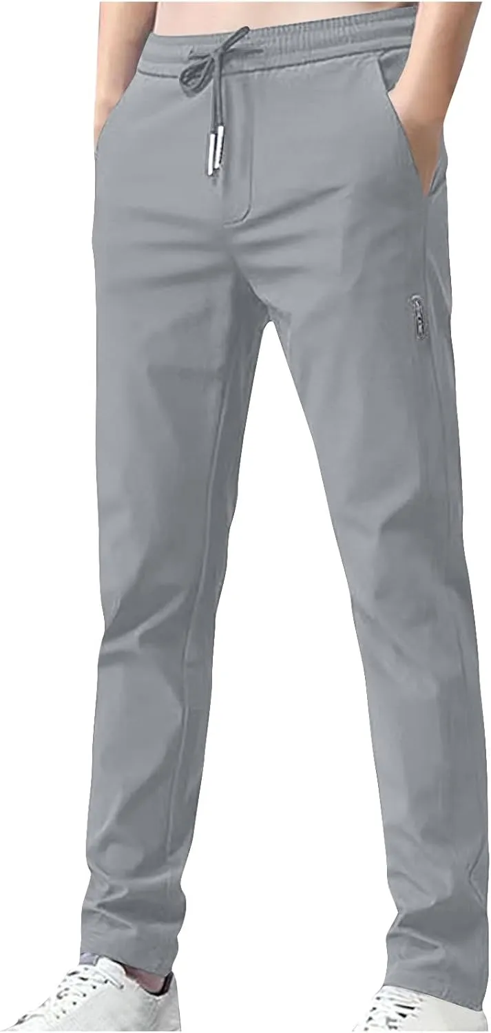 Pants for Men Lightweight Casual Elastic Waist Drawstring Tapered Pants Summer Slim Fit Soft Breathable Sweatpants