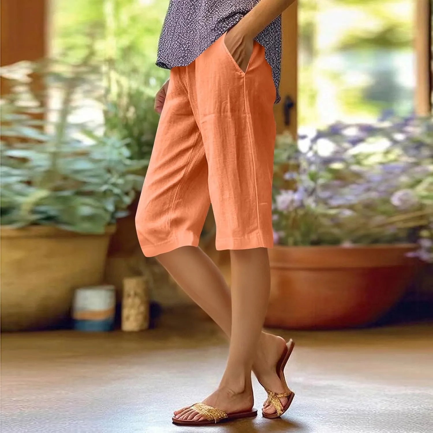 Pedal Pushers for Women Elastic High Waisted Linen Bermuda Shorts Lightweight Summer Cotton Shorts with Pockets