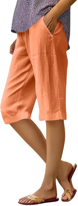 Pedal Pushers for Women Elastic High Waisted Linen Bermuda Shorts Lightweight Summer Cotton Shorts with Pockets