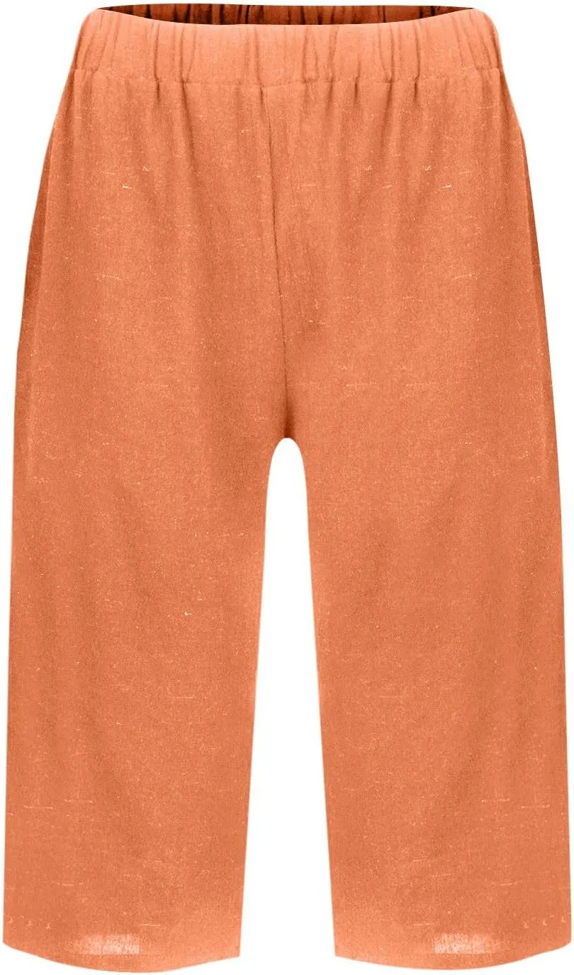Pedal Pushers for Women Elastic High Waisted Linen Bermuda Shorts Lightweight Summer Cotton Shorts with Pockets