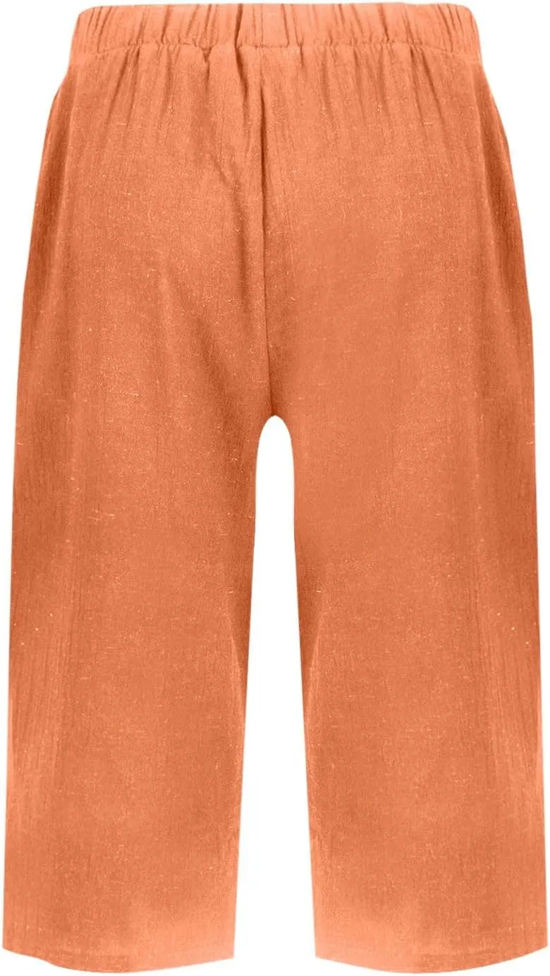 Pedal Pushers for Women Elastic High Waisted Linen Bermuda Shorts Lightweight Summer Cotton Shorts with Pockets