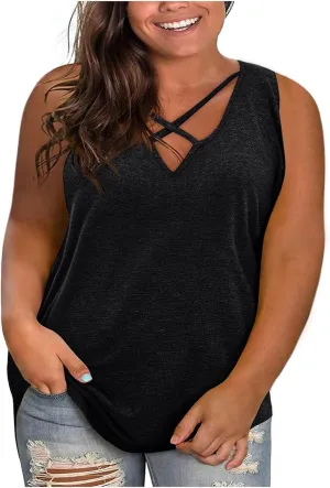 Plus Size Tank Tops for Women Criss Cross V Neck Sleeveless T-Shirts Business Casual Tunic Blouse Oversized Clothes