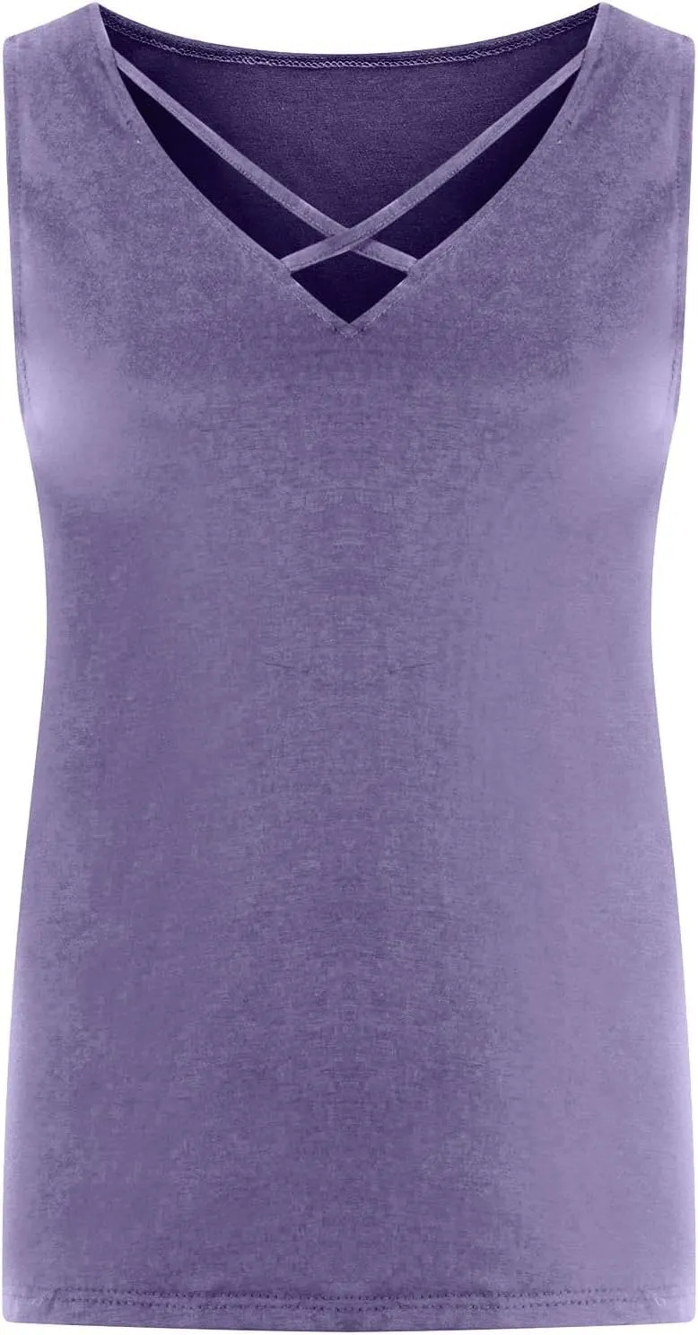 Plus Size Tank Tops for Women Criss Cross V Neck Sleeveless T-Shirts Business Casual Tunic Blouse Oversized Clothes