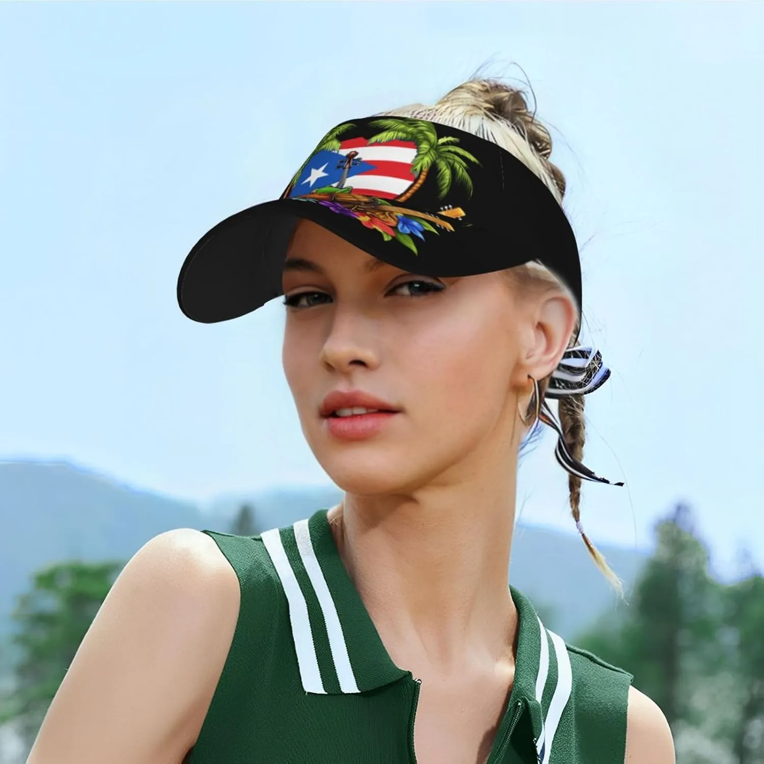 Puerto Rico Flag Sun Visors Hat Golf Tennis Visor for Women Men - Summer Wide Brim Ponytail Beach Hats Packable