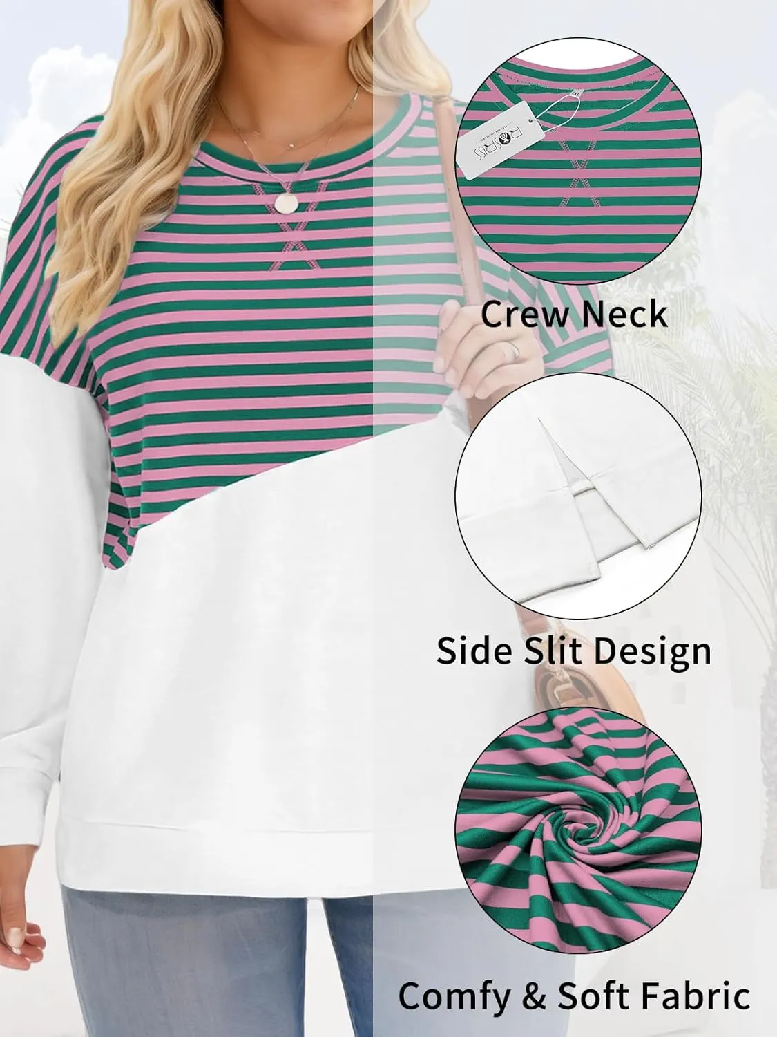ROSRISS Womens Plus Size Sweatshirts Long Sleeve Side Split Striped Colorblock Tops Oversized Crewneck Casual Pullover Shirts