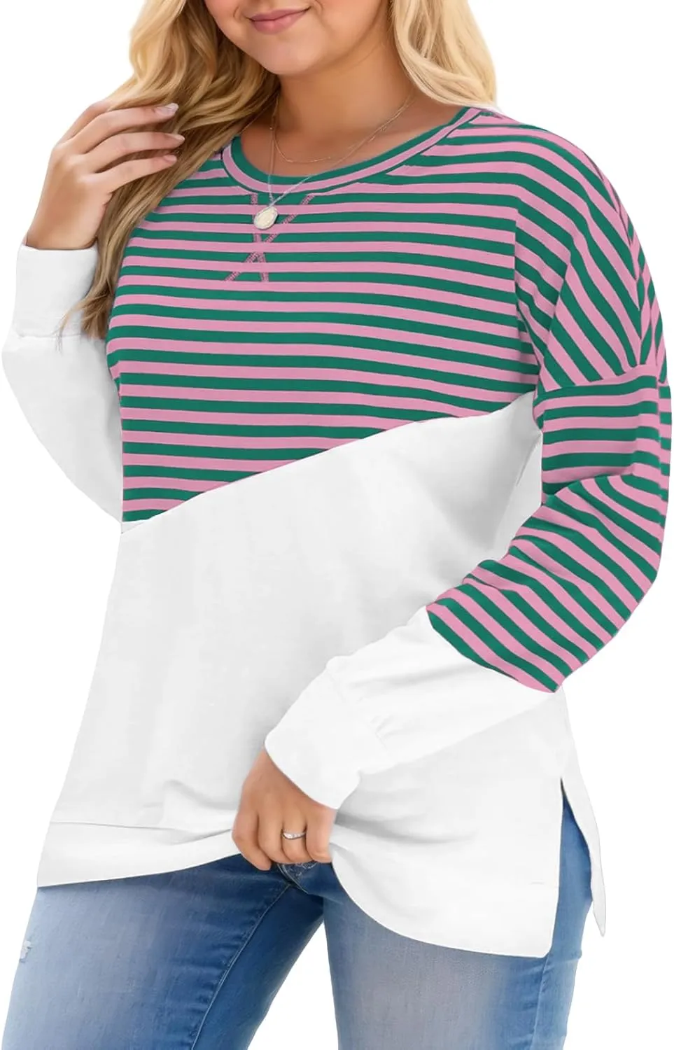 ROSRISS Womens Plus Size Sweatshirts Long Sleeve Side Split Striped Colorblock Tops Oversized Crewneck Casual Pullover Shirts