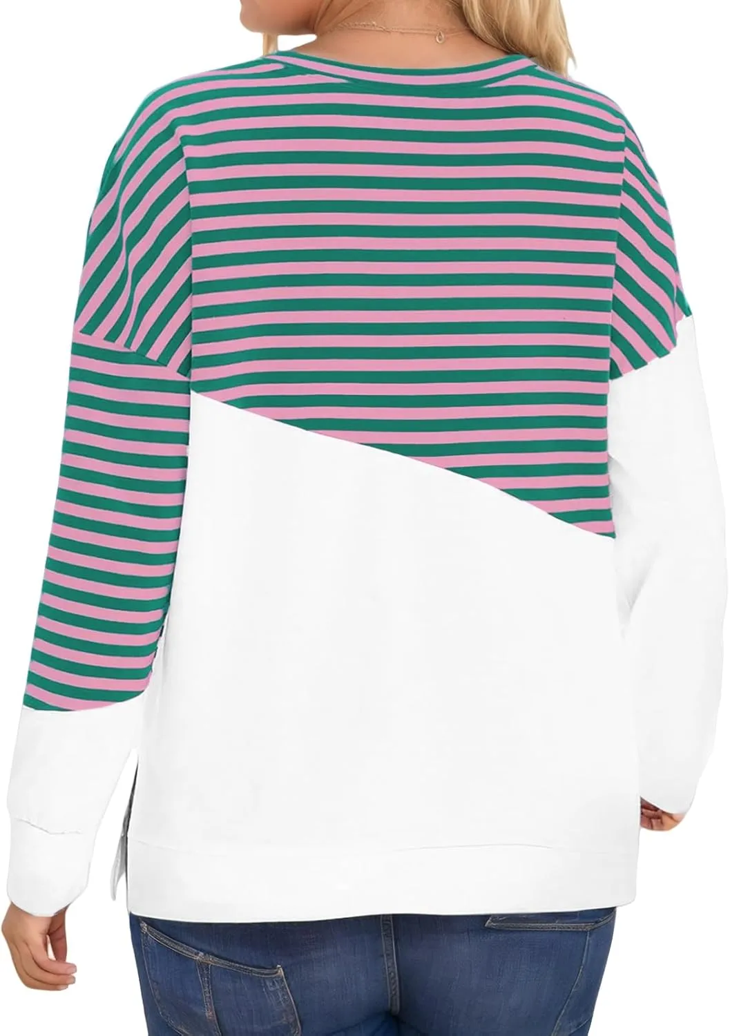 ROSRISS Womens Plus Size Sweatshirts Long Sleeve Side Split Striped Colorblock Tops Oversized Crewneck Casual Pullover Shirts