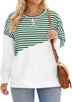 ROSRISS Womens Plus Size Sweatshirts Long Sleeve Side Split Striped Colorblock Tops Oversized Crewneck Casual Pullover Shirts