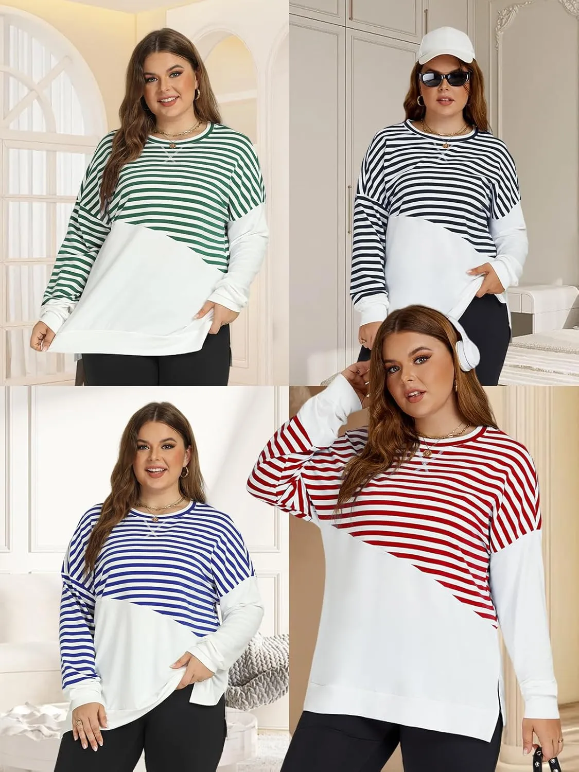 ROSRISS Womens Plus Size Sweatshirts Long Sleeve Side Split Striped Colorblock Tops Oversized Crewneck Casual Pullover Shirts