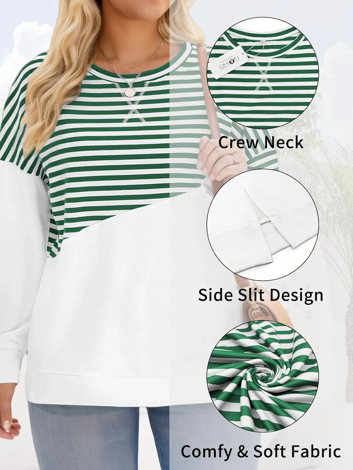 ROSRISS Womens Plus Size Sweatshirts Long Sleeve Side Split Striped Colorblock Tops Oversized Crewneck Casual Pullover Shirts