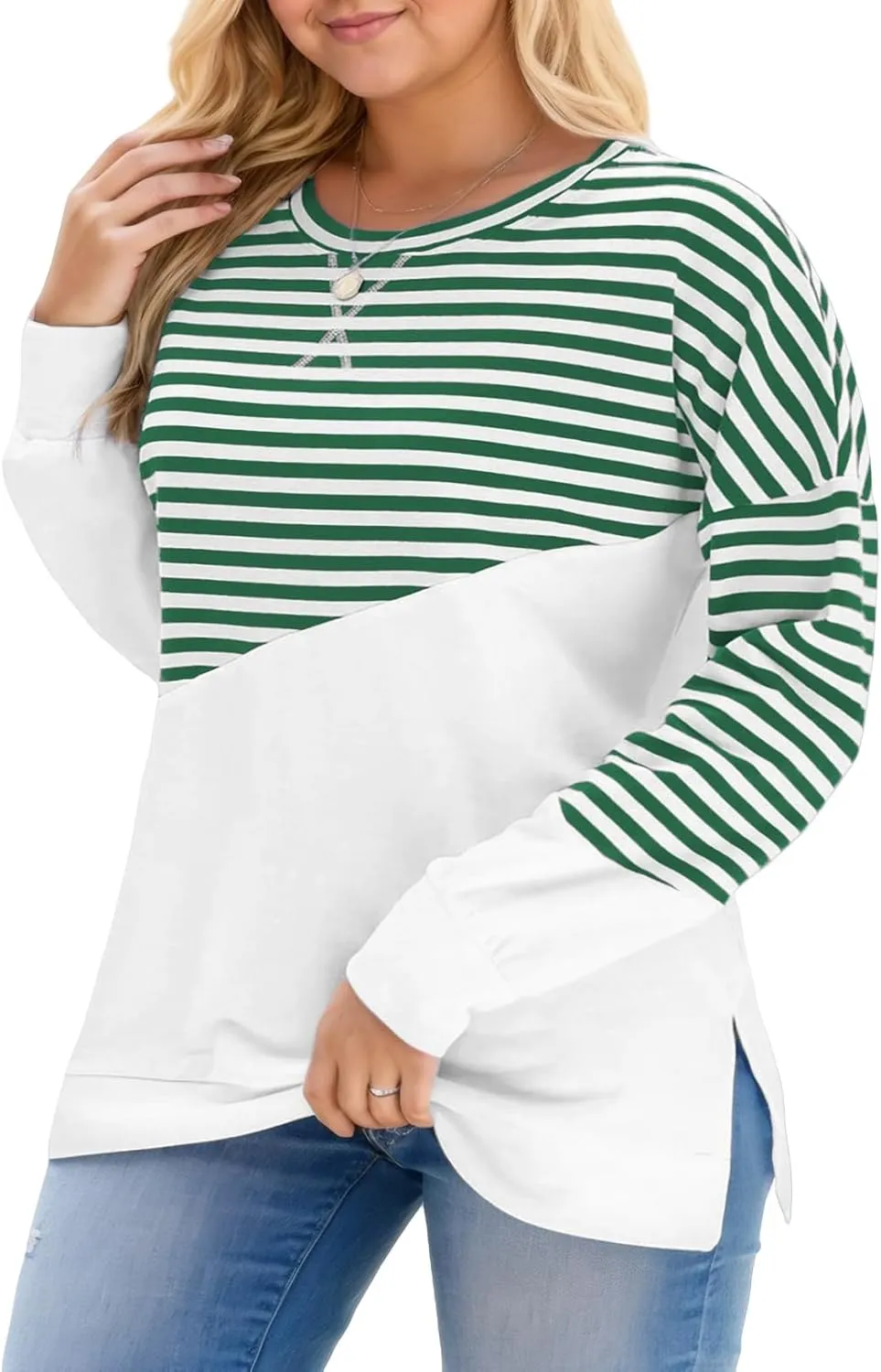 ROSRISS Womens Plus Size Sweatshirts Long Sleeve Side Split Striped Colorblock Tops Oversized Crewneck Casual Pullover Shirts