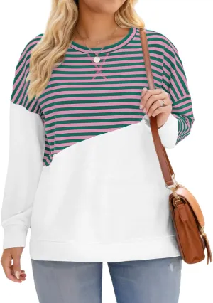 ROSRISS Womens Plus Size Sweatshirts Long Sleeve Side Split Striped Colorblock Tops Oversized Crewneck Casual Pullover Shirts
