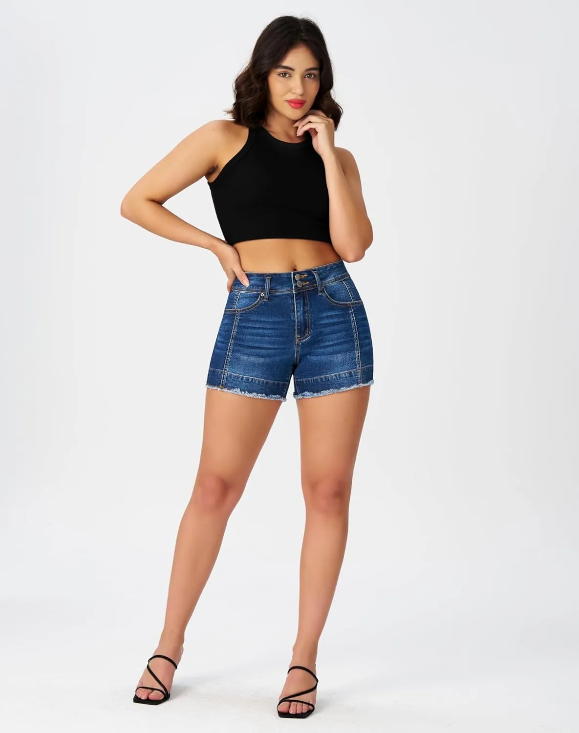roswear Women’s High Waisted Stretchy Frayed Hem Summer Denim Jean Shorts