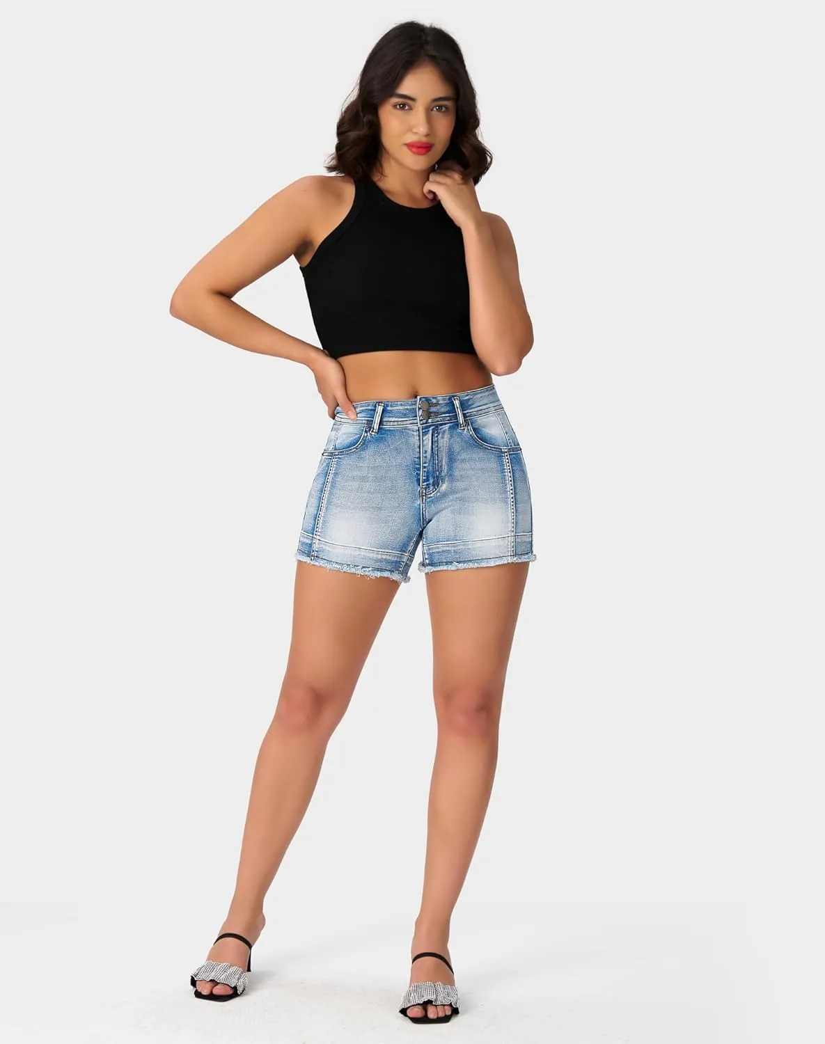 roswear Women’s High Waisted Stretchy Frayed Hem Summer Denim Jean Shorts