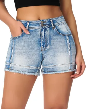 roswear Women’s High Waisted Stretchy Frayed Hem Summer Denim Jean Shorts