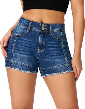 roswear Women’s High Waisted Stretchy Frayed Hem Summer Denim Jean Shorts