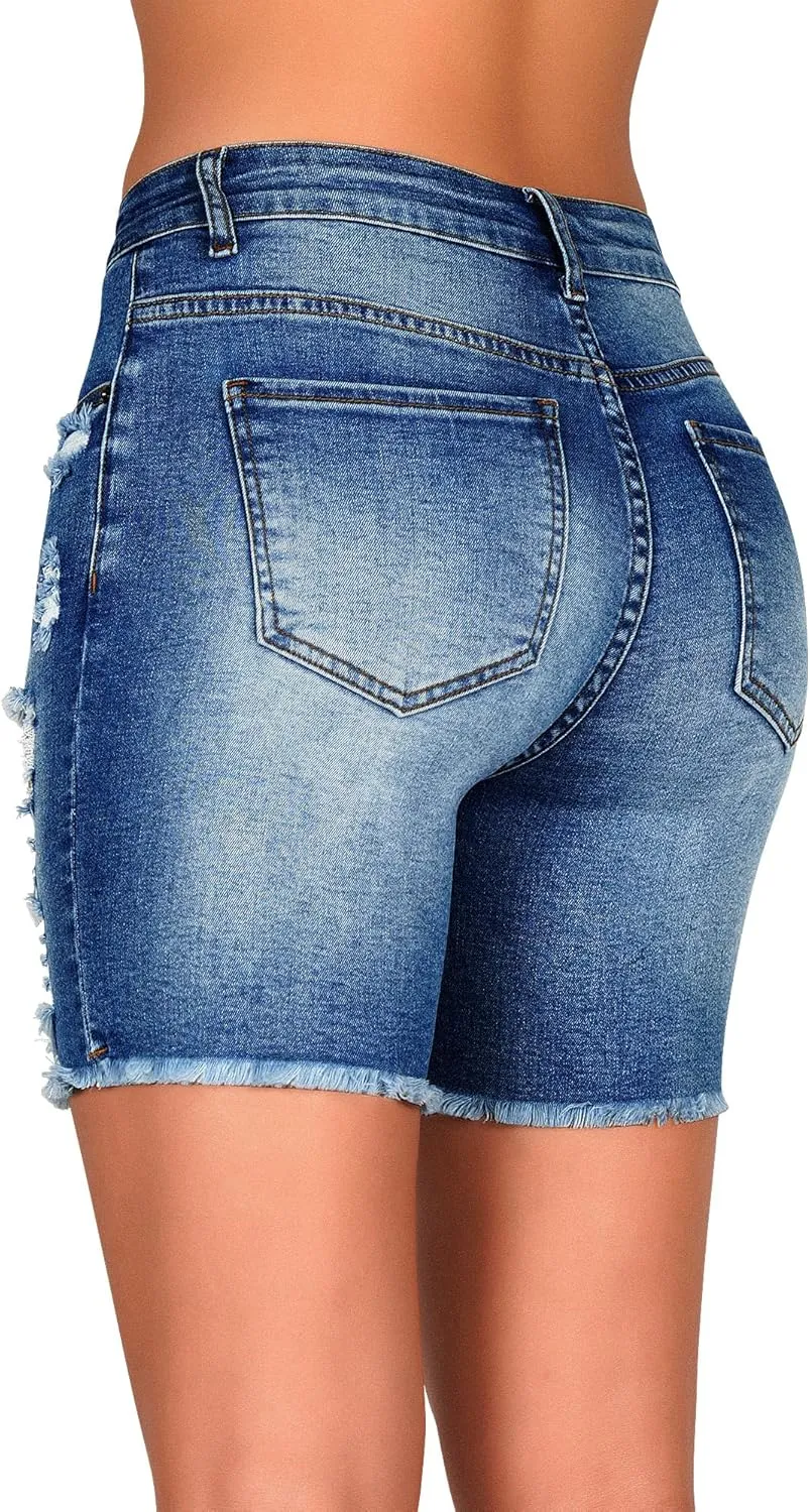 roswear Women's High Waisted Stretchy Long Jean Shorts Ripped Denim Frayed Hem Distressed Bermuda Shorts