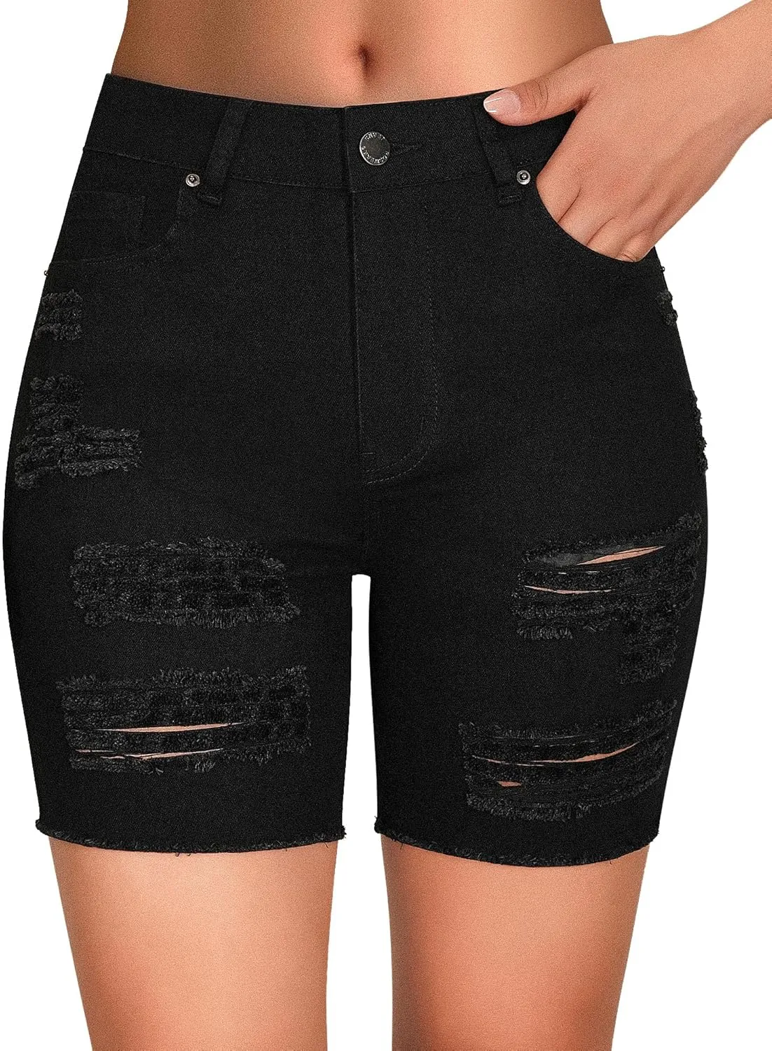 roswear Women's High Waisted Stretchy Long Jean Shorts Ripped Denim Frayed Hem Distressed Bermuda Shorts