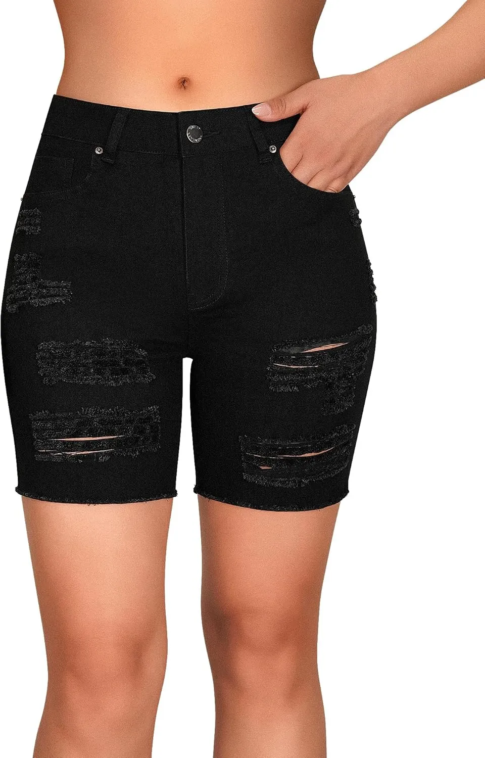 roswear Women's High Waisted Stretchy Long Jean Shorts Ripped Denim Frayed Hem Distressed Bermuda Shorts