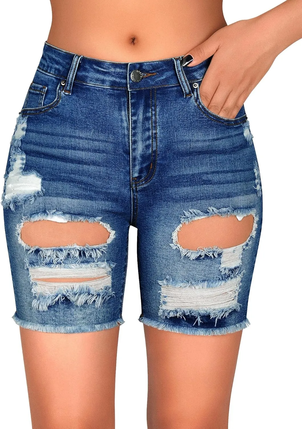 roswear Women's High Waisted Stretchy Long Jean Shorts Ripped Denim Frayed Hem Distressed Bermuda Shorts