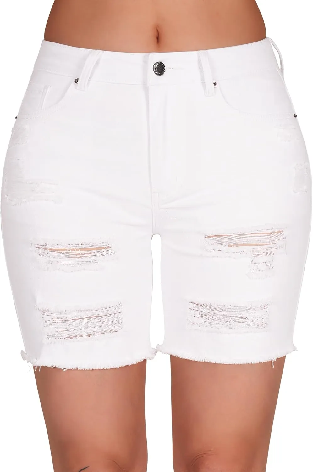 roswear Women's High Waisted Stretchy Long Jean Shorts Ripped Denim Frayed Hem Distressed Bermuda Shorts