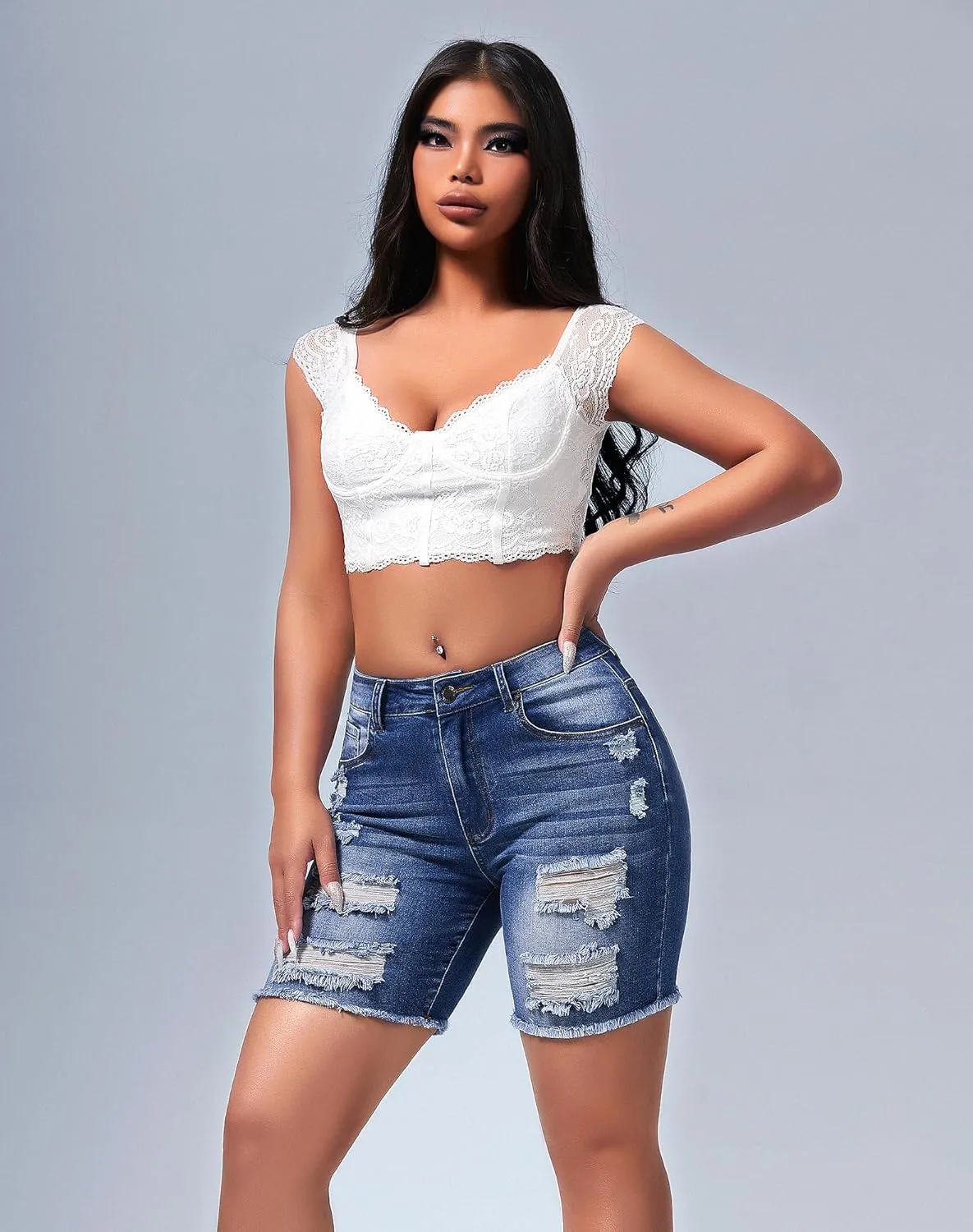 roswear Women's High Waisted Stretchy Long Jean Shorts Ripped Denim Frayed Hem Distressed Bermuda Shorts