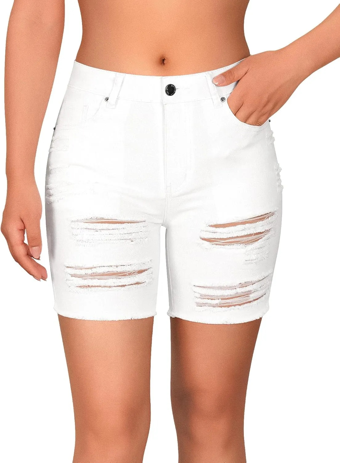 roswear Women's High Waisted Stretchy Long Jean Shorts Ripped Denim Frayed Hem Distressed Bermuda Shorts