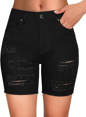 roswear Women's High Waisted Stretchy Long Jean Shorts Ripped Denim Frayed Hem Distressed Bermuda Shorts