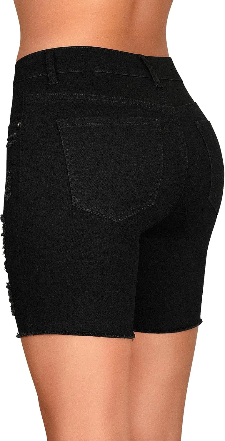 roswear Women's High Waisted Stretchy Long Jean Shorts Ripped Denim Frayed Hem Distressed Bermuda Shorts