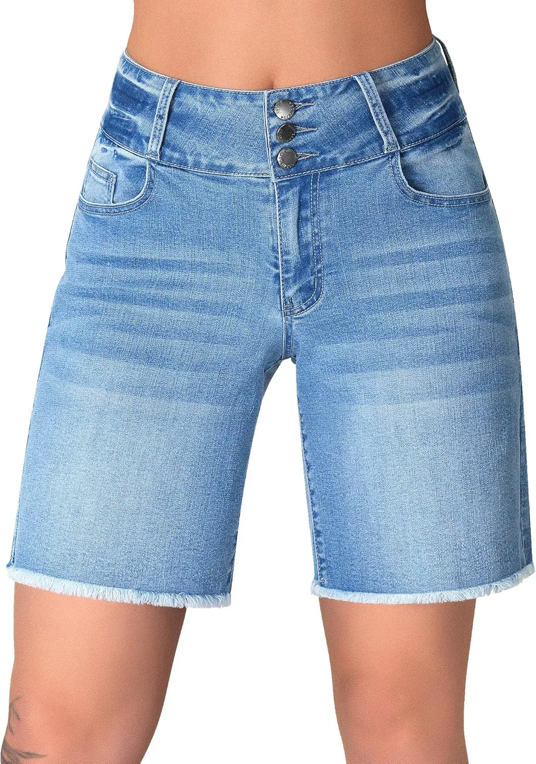 roswear Women's Stretchy Wide Leg High Waisted Frayed Hem Long Jean Shorts