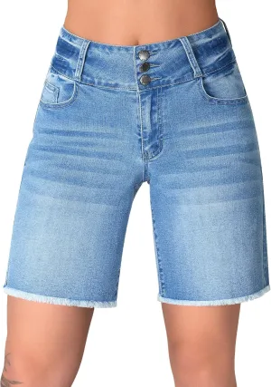 roswear Women's Stretchy Wide Leg High Waisted Frayed Hem Long Jean Shorts