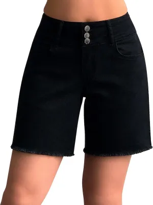 roswear Women's Stretchy Wide Leg High Waisted Frayed Hem Long Jean Shorts