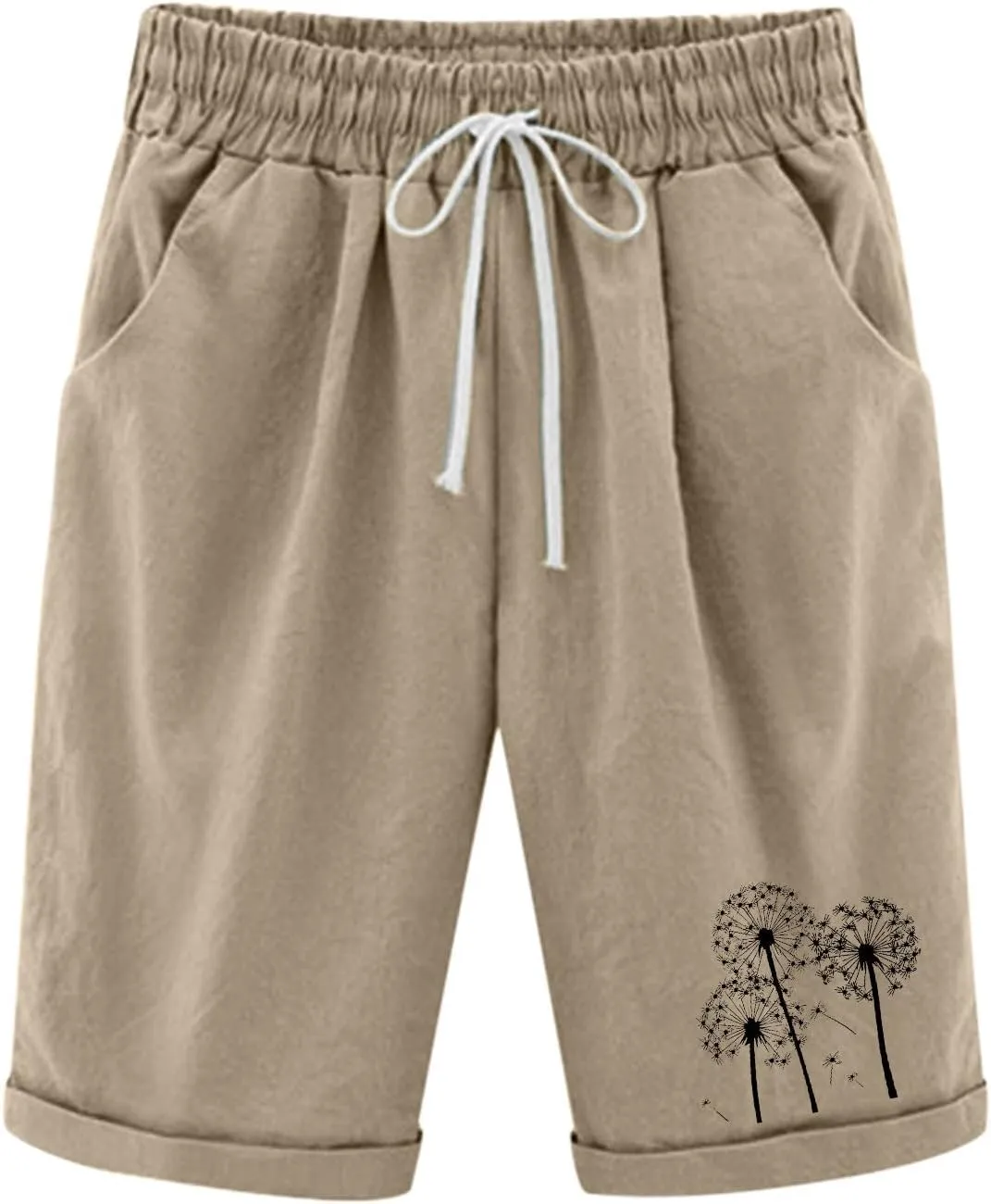 Rvidbe Womens Bermuda Shorts with Pockets High Waisted Casual Trendy Loose Cotton Shorts Elastic Waist Walking Long Shorts Bermuda Shorts for Women Knee Length Bermuda Shorts for Women Pull On