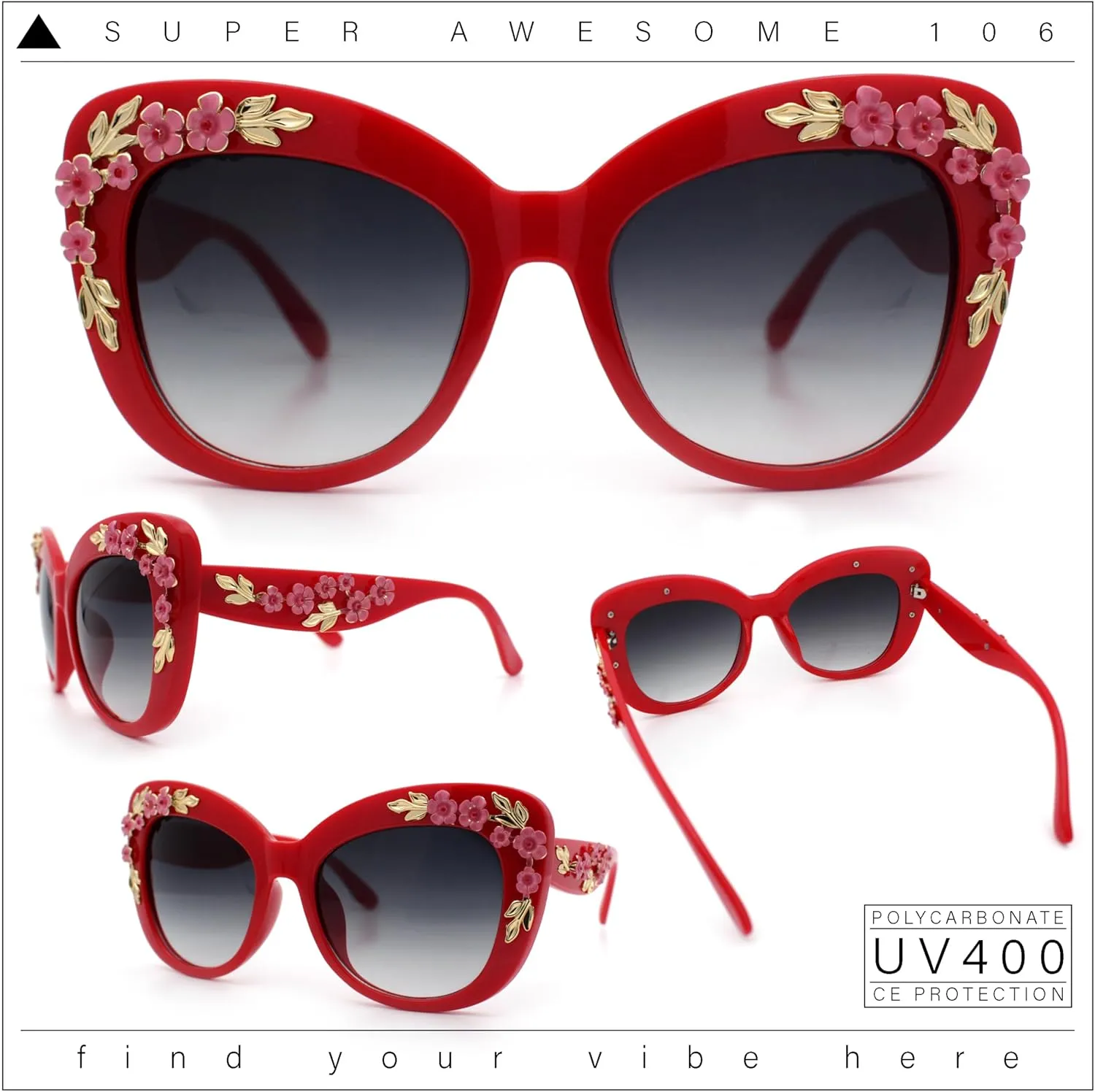 SA106 Womens Metal Flower Foliage Jewel Brow Trim Oversize Cat Eye Sunglasses