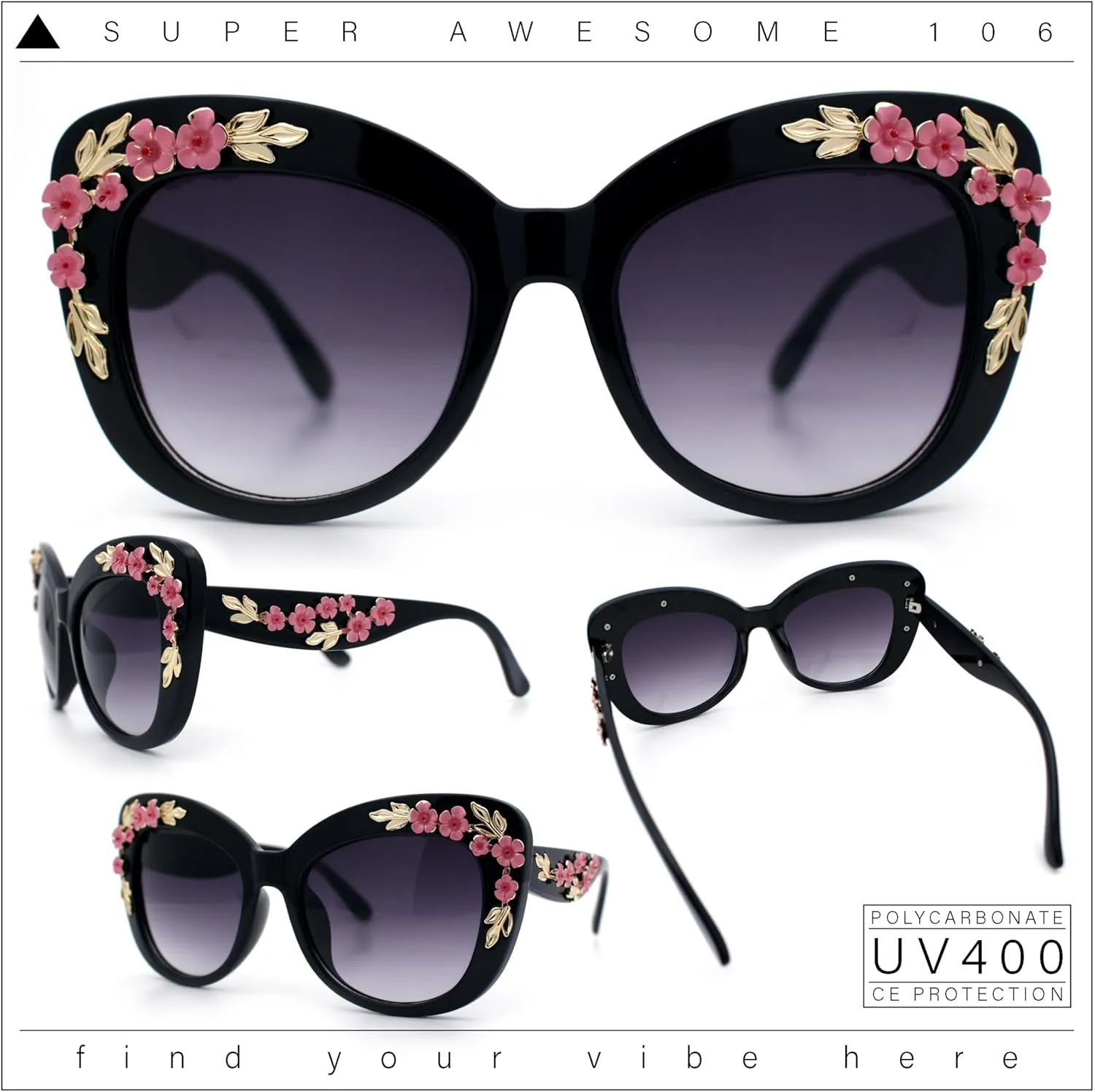 SA106 Womens Metal Flower Foliage Jewel Brow Trim Oversize Cat Eye Sunglasses