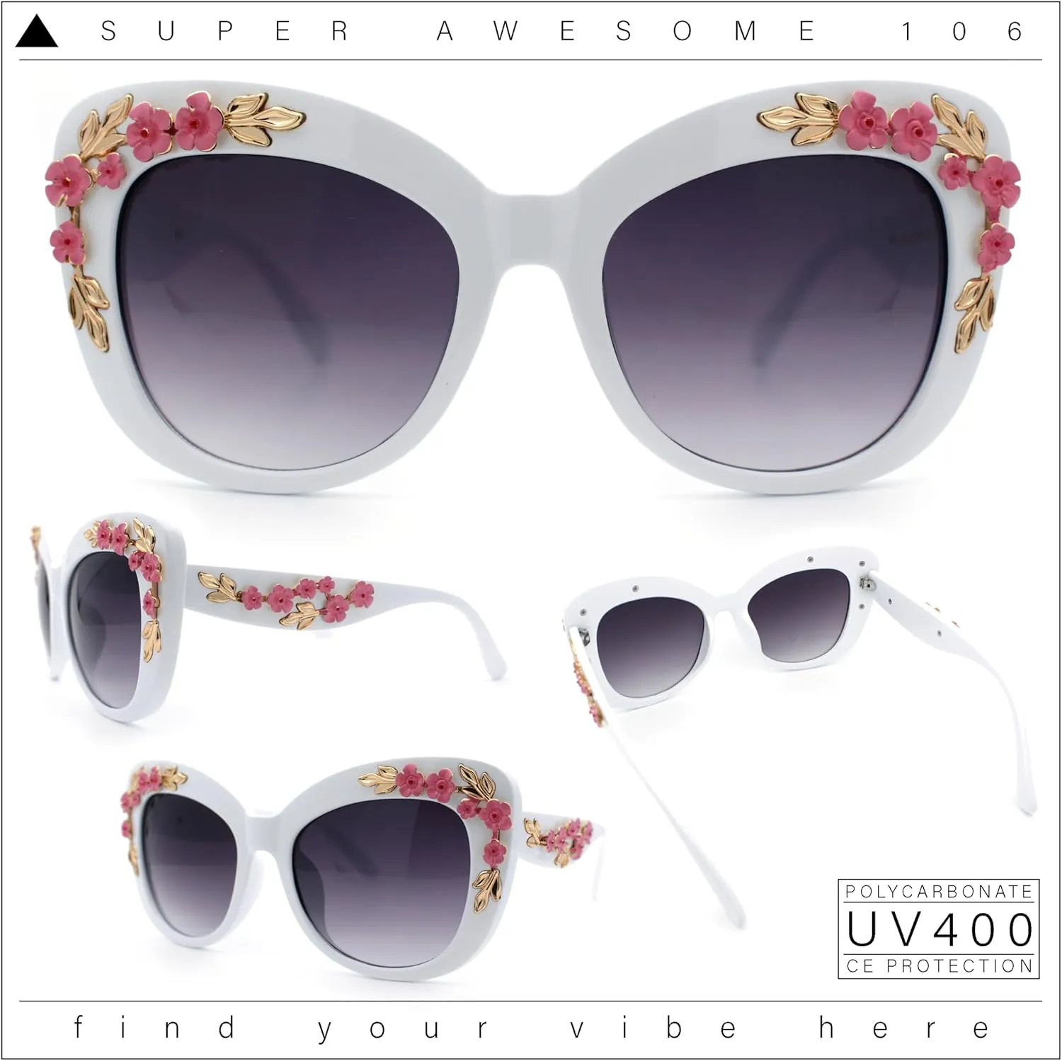 SA106 Womens Metal Flower Foliage Jewel Brow Trim Oversize Cat Eye Sunglasses