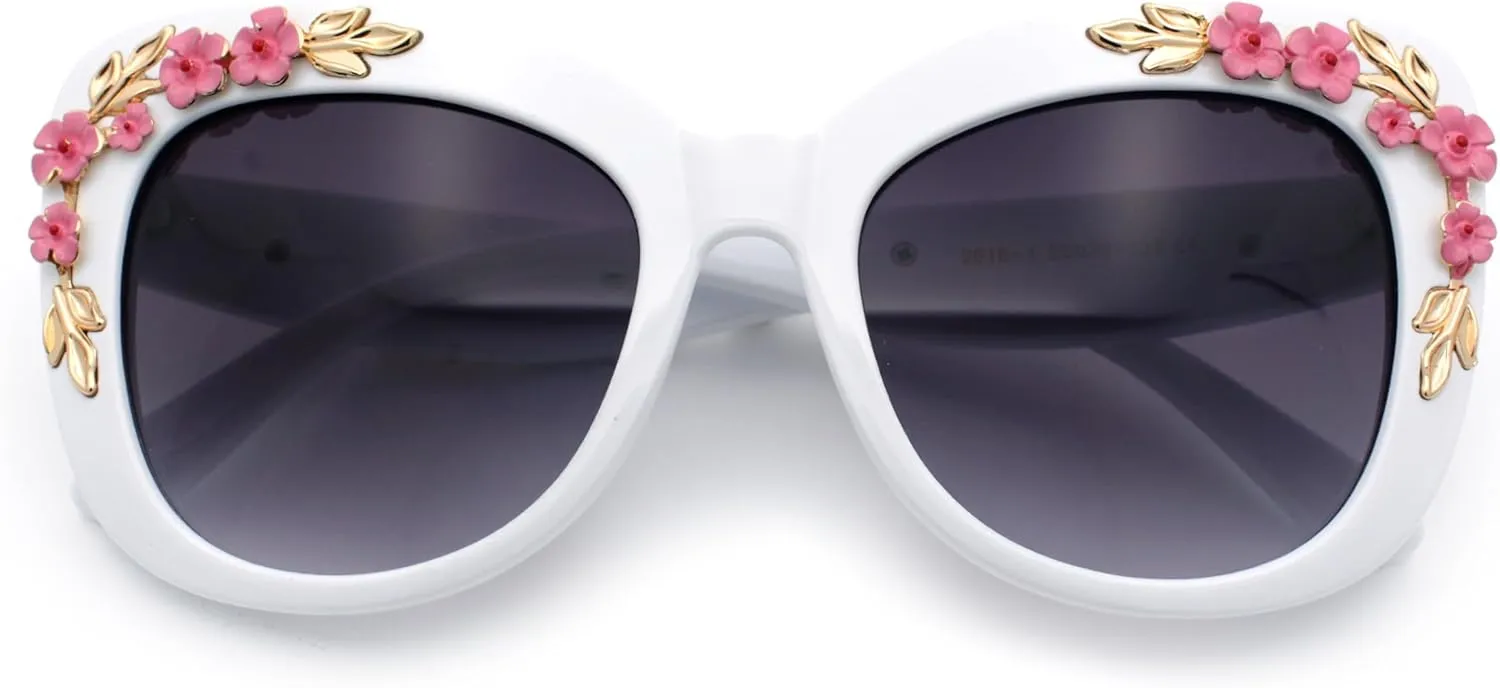 SA106 Womens Metal Flower Foliage Jewel Brow Trim Oversize Cat Eye Sunglasses